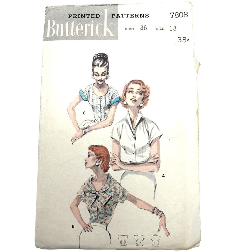 Butterick Vintage 1956 Pattern #7808 Button Front Blouse Size‎ 18 HTF RARE